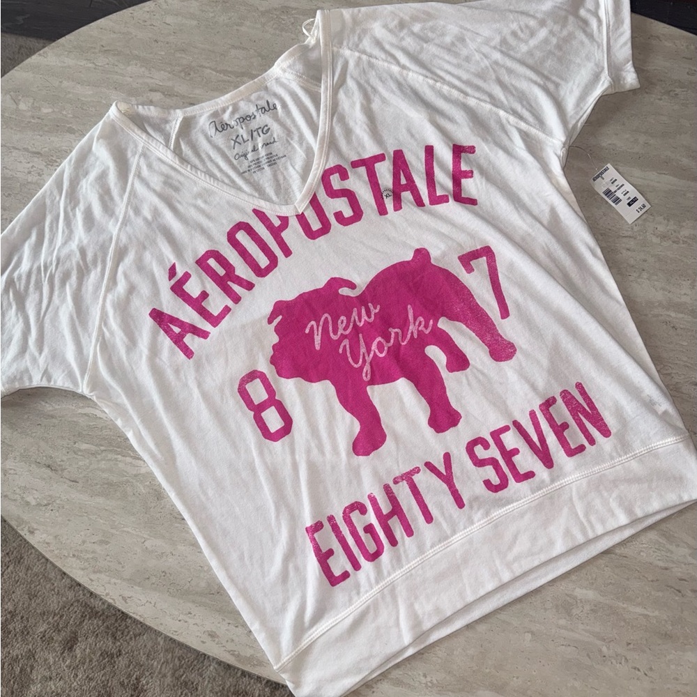 Aeropostale White Tee with Pink Bulldog Graphic